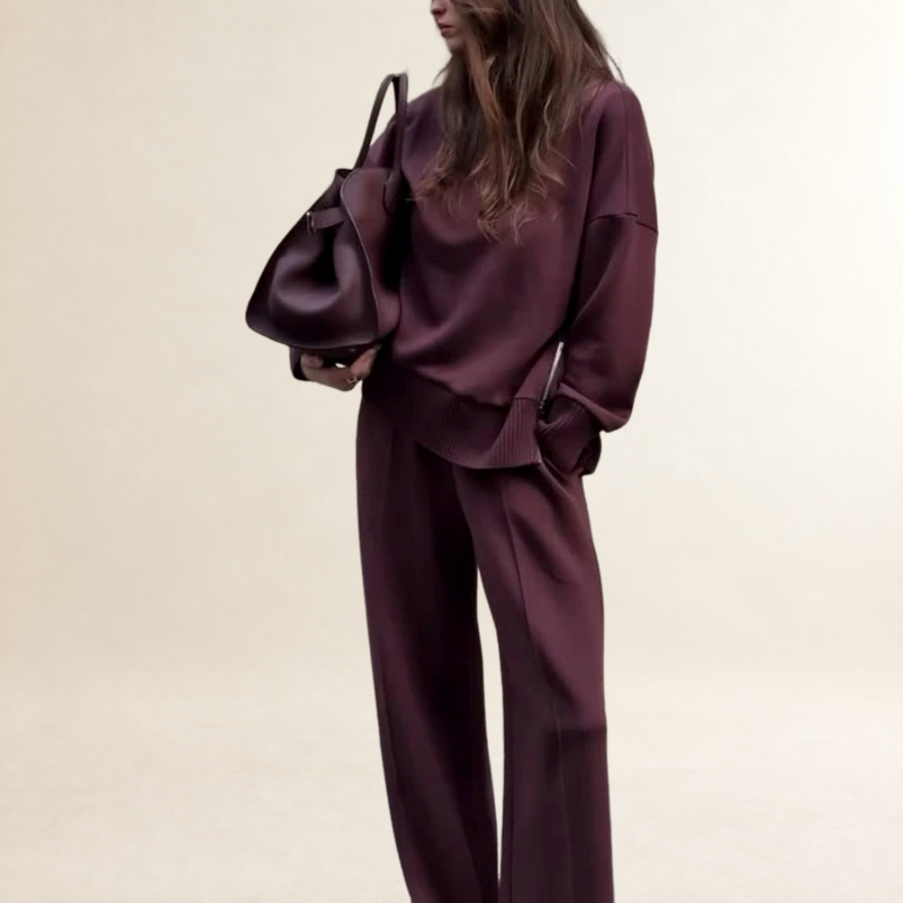 Sweatshirt and Pants Set, Women's Turtleneck Sweatshirt with Side Zipper and Ribbed Hem; Elastic-Waist Wide-Leg Pants, Relaxed Fit