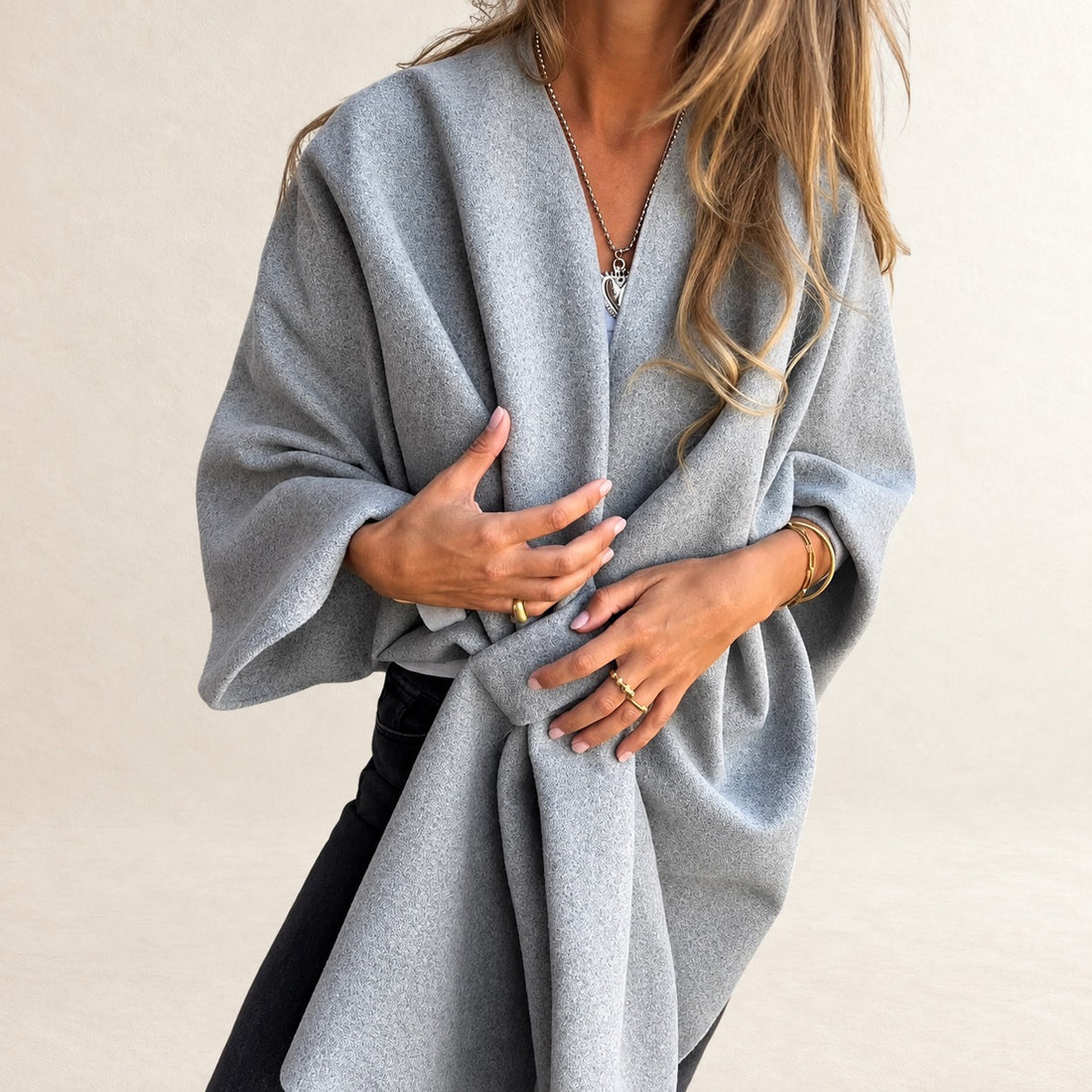 Top for Women Shawl Cape V-neck Tie-Front Hip-Length Loose Fit Wide Long Sleeves