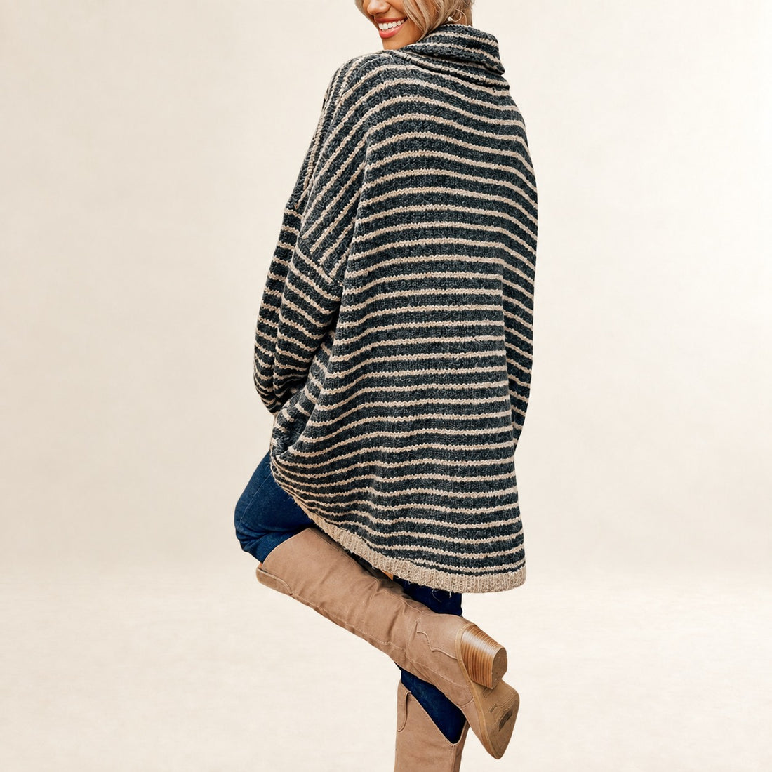 Top, Women's Striped Turtleneck Tunic with Side Pockets, Long Sleeve Loose Fit