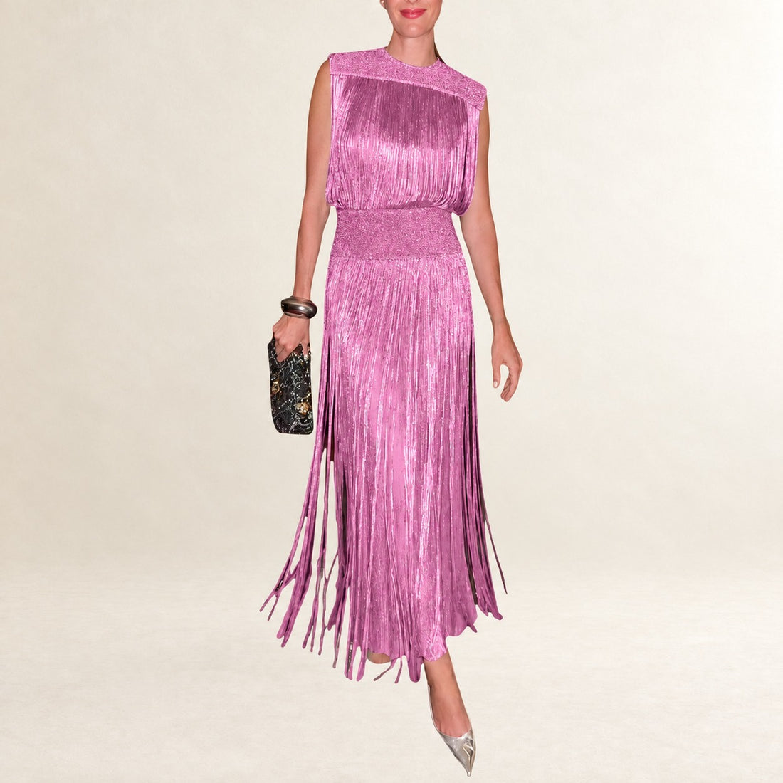 Two-Piece Set, Women's Sleeveless Fringed Blouson Top and Elastic-Waist Maxi Skirt