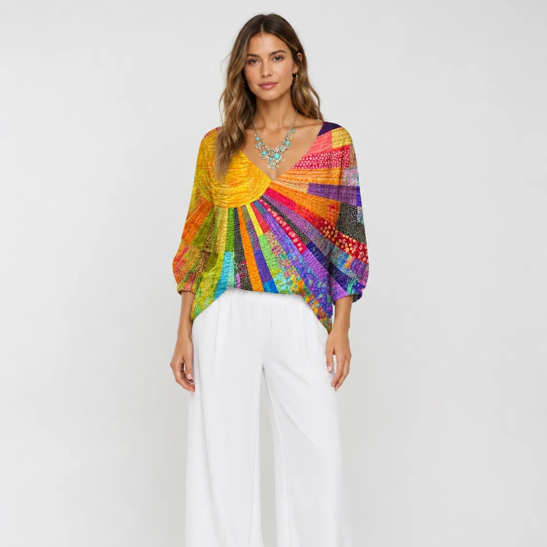 Women's Blouse, Long Sleeve Crew Neck, Patchwork Quilt-Print, Relaxed Fit
