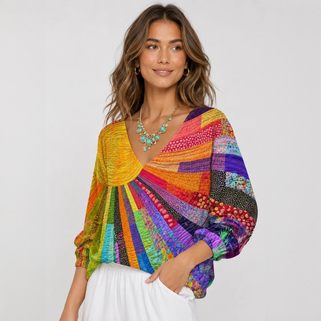 Women's Blouse, Long Sleeve Crew Neck, Patchwork Quilt-Print, Relaxed Fit
