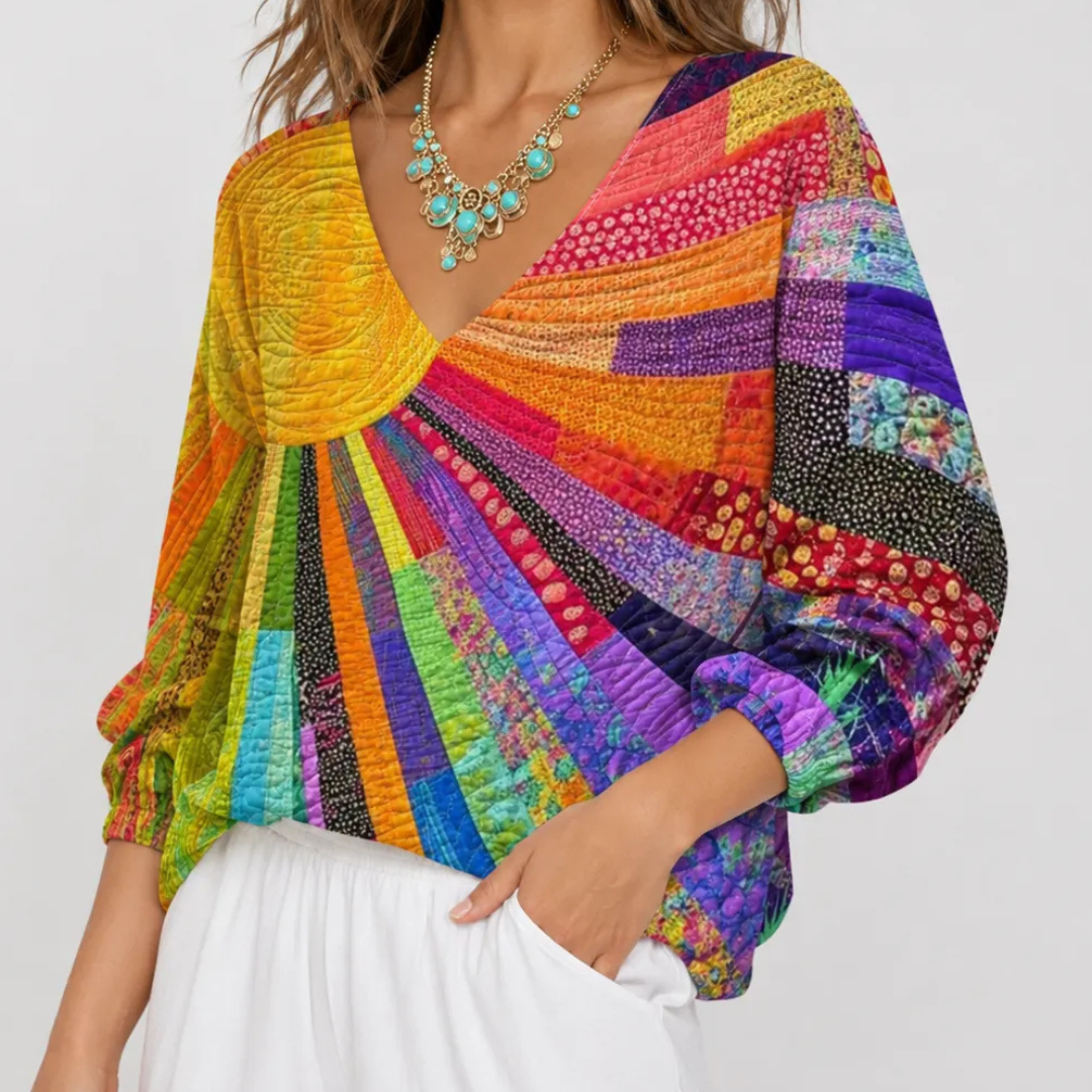 Women's Blouse, Long Sleeve Crew Neck, Patchwork Quilt-Print, Relaxed Fit