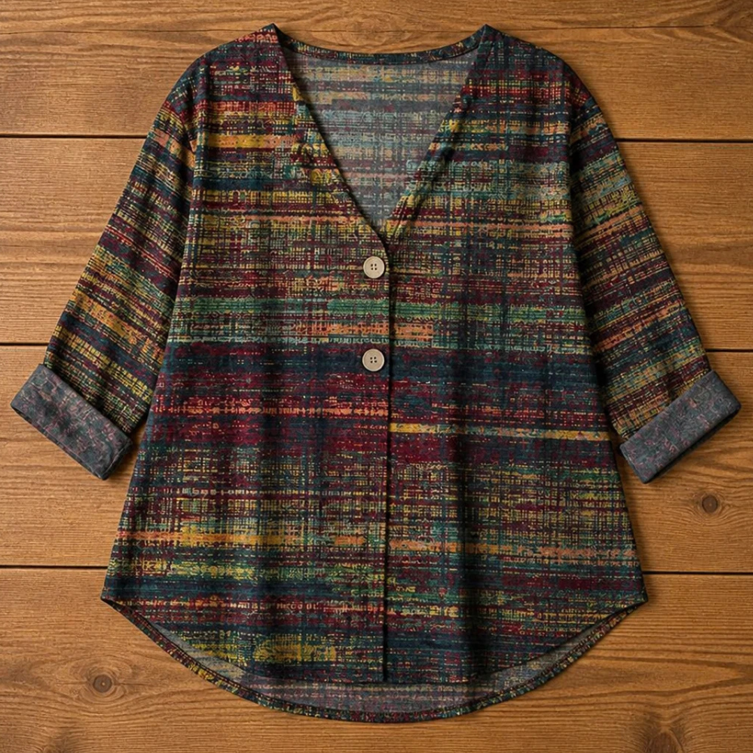 Women's Blouse V-neck with Single Button, Relaxed Fit 3/4 Roll-Up Sleeves, Printed Curved Hem