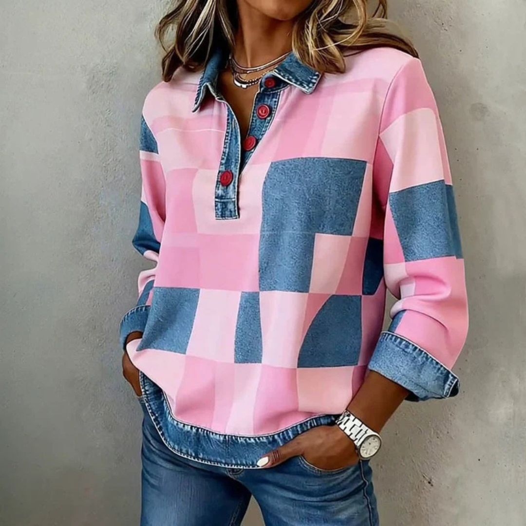 Women's Collared Blouse Large Block Check Print, Partial Button Placket, Long Sleeve Relaxed Fit, Contrast Trim
