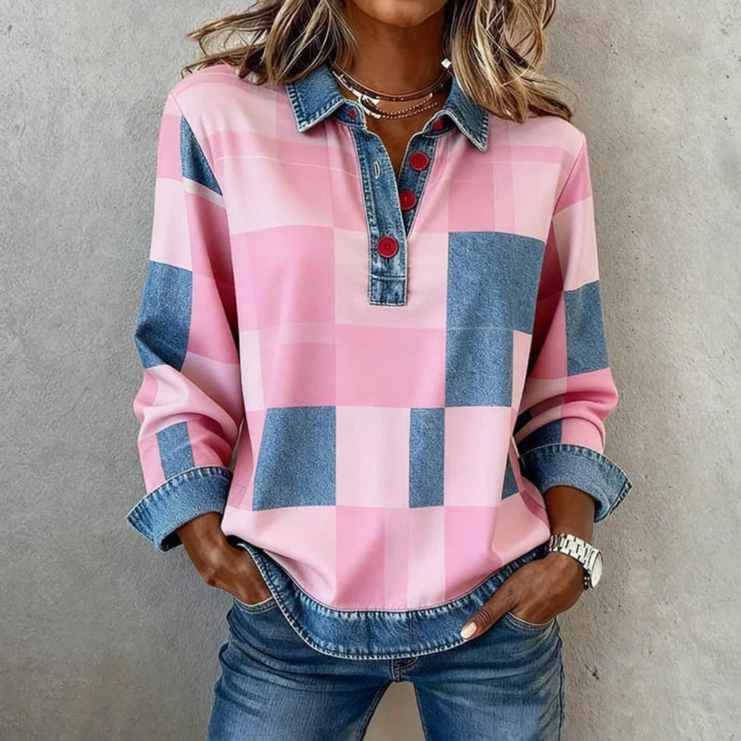 Women's Collared Blouse Large Block Check Print, Partial Button Placket, Long Sleeve Relaxed Fit, Contrast Trim