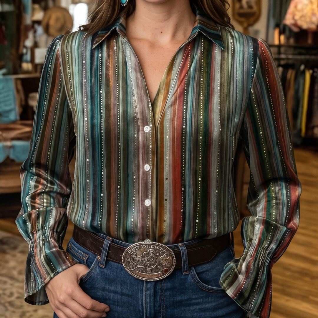 Women's collared long-sleeve blouse ombre print button-front relaxed fit