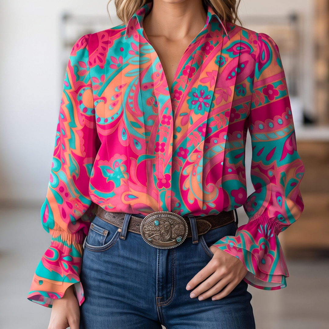 Women's Collared Long-Sleeve Blouse, Relaxed Fit, Floral Paisley Print, Gathered Ruffle Cuffs