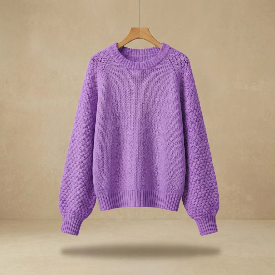 Women's Crew Neck Sweater with Raglan Balloon Sleeves and Ribbed Hem - Relaxed Fit