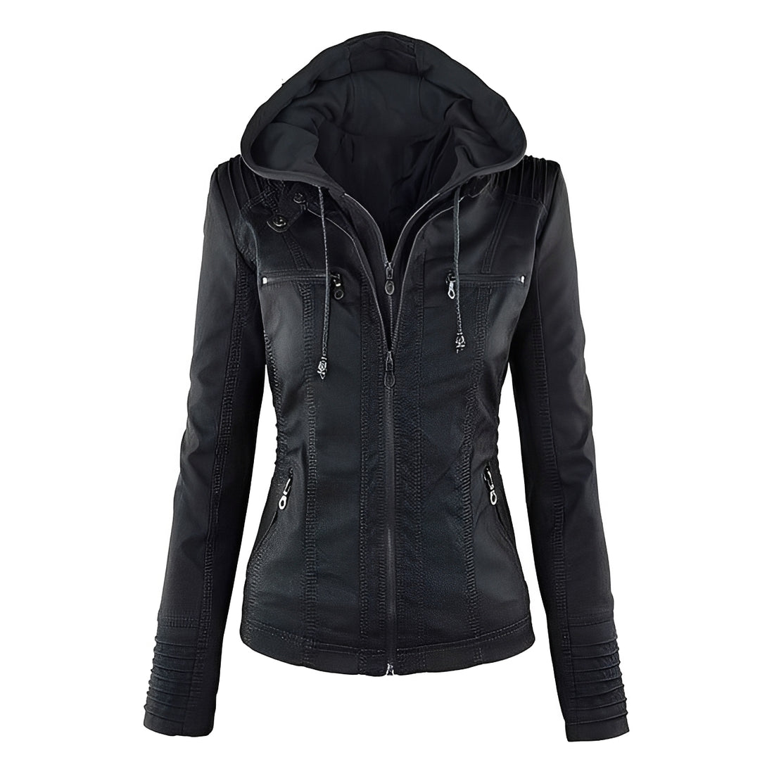 Women's Hooded Moto Jacket, Zip-Front with Zip Pockets and Stitched Panel Shoulders - Slim Fit