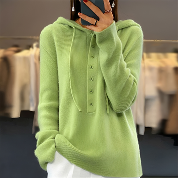 Women's Hooded Sweater with Button Placket and Drawstring, Long Sleeve, Relaxed Fit