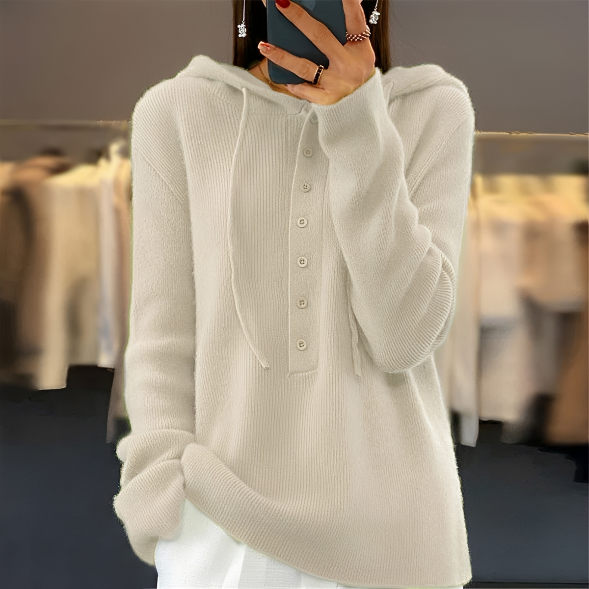 Women's Hooded Sweater with Button Placket and Drawstring, Long Sleeve, Relaxed Fit