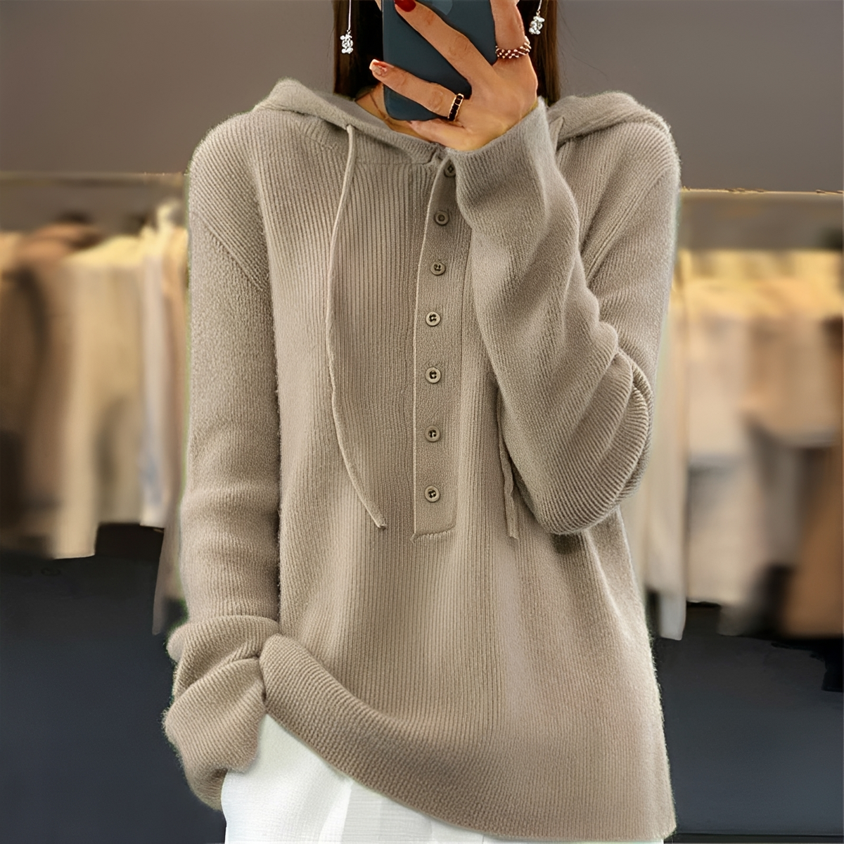 Women's Hooded Sweater with Button Placket and Drawstring, Long Sleeve, Relaxed Fit