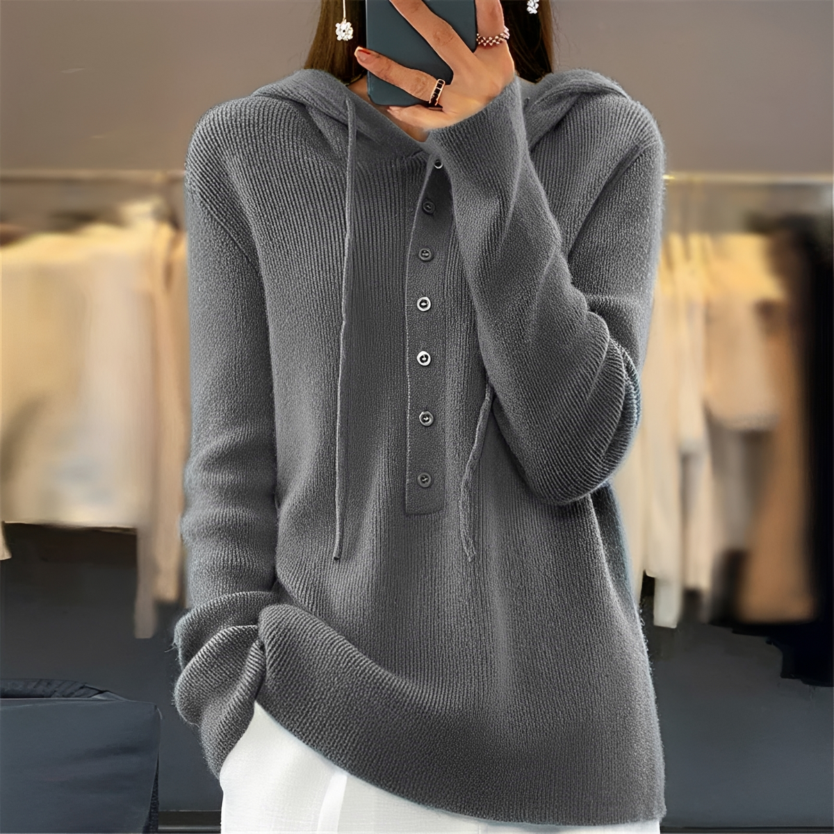 Women's Hooded Sweater with Button Placket and Drawstring, Long Sleeve, Relaxed Fit