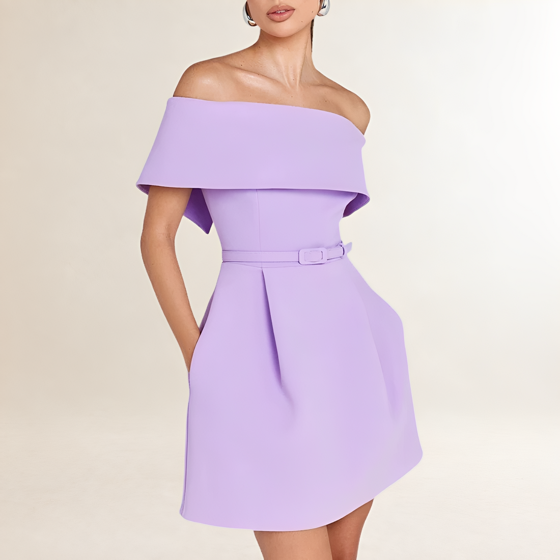Women's Off-the-Shoulder Sleeveless Mini A-Line Dress with Pockets, Removable Belt and Concealed Back Zip