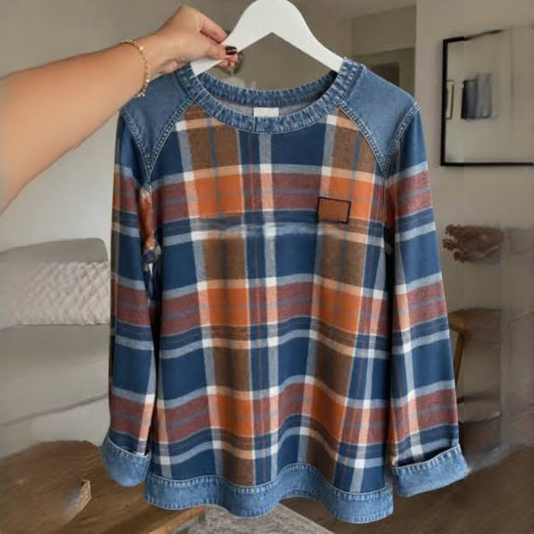 Women's Plaid Blouse with Crew Neck, Long Raglan Sleeves and Contrast Yoke and Hem - Relaxed Fit