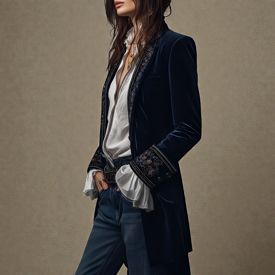 Women's Tailored Longline Jacket with Embroidered Trim and Wide Cuffs
