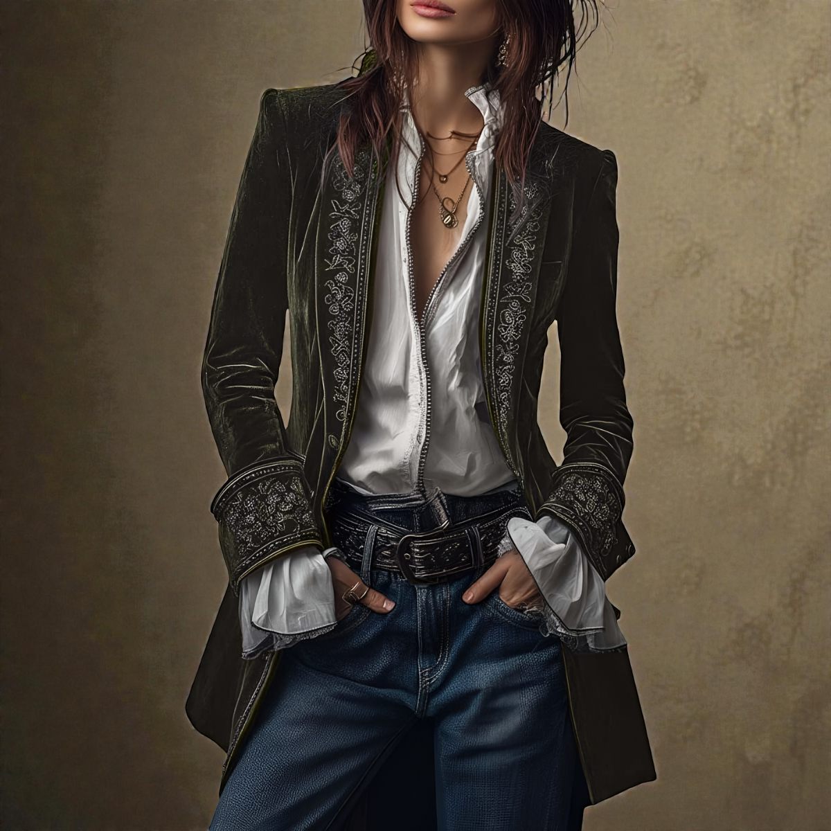 Women's Tailored Longline Jacket with Embroidered Trim and Wide Cuffs