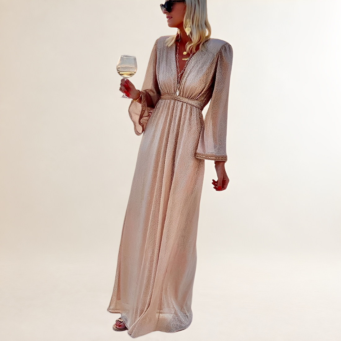 Women's V-neck shimmer maxi dress with long bell sleeves and empire waist
