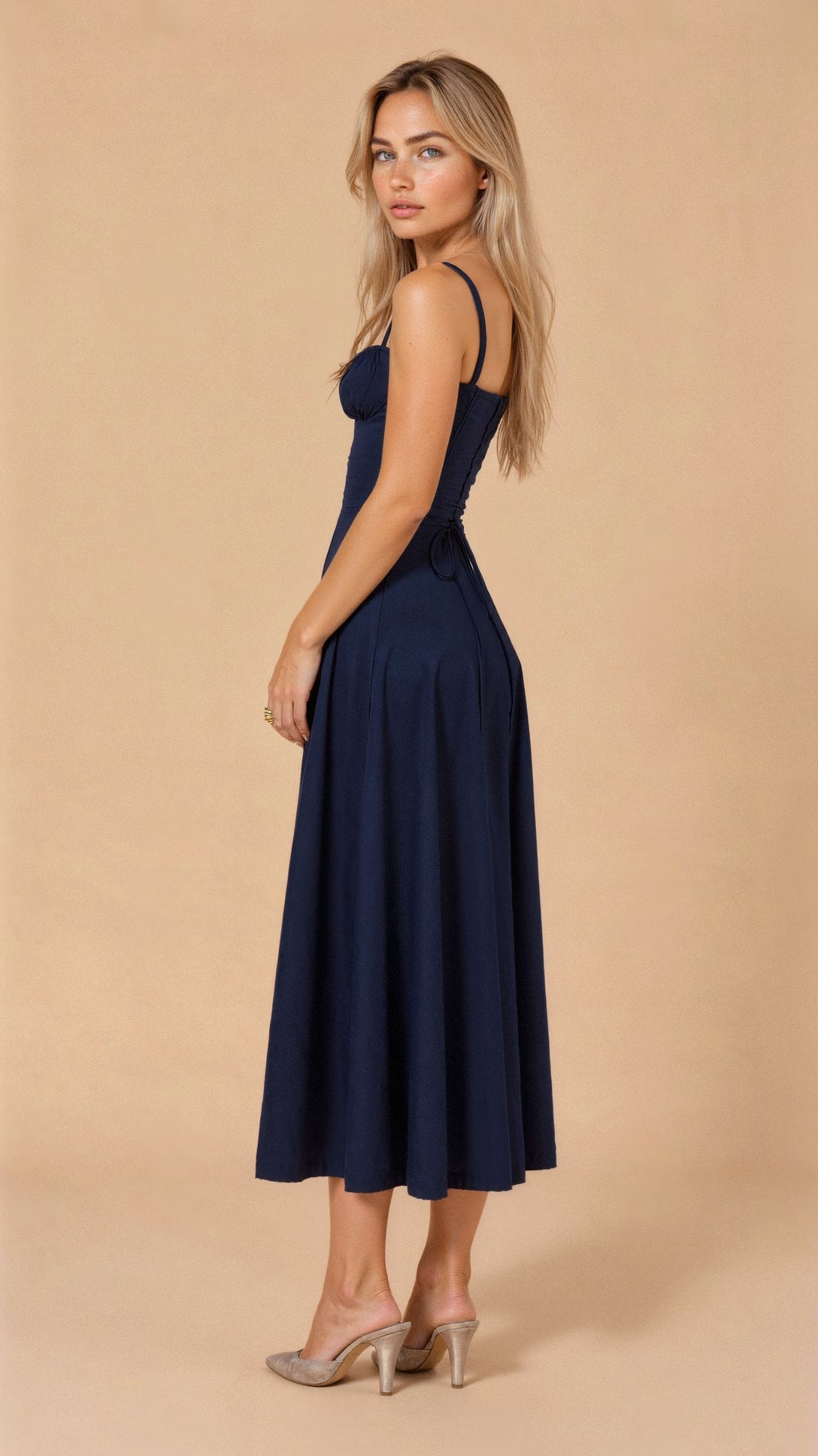Liana – Midi Dress with Corset Detail in Navy Blue