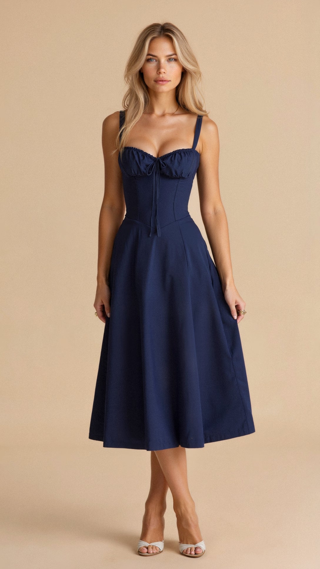Liana – Midi Dress with Corset Detail in Navy Blue