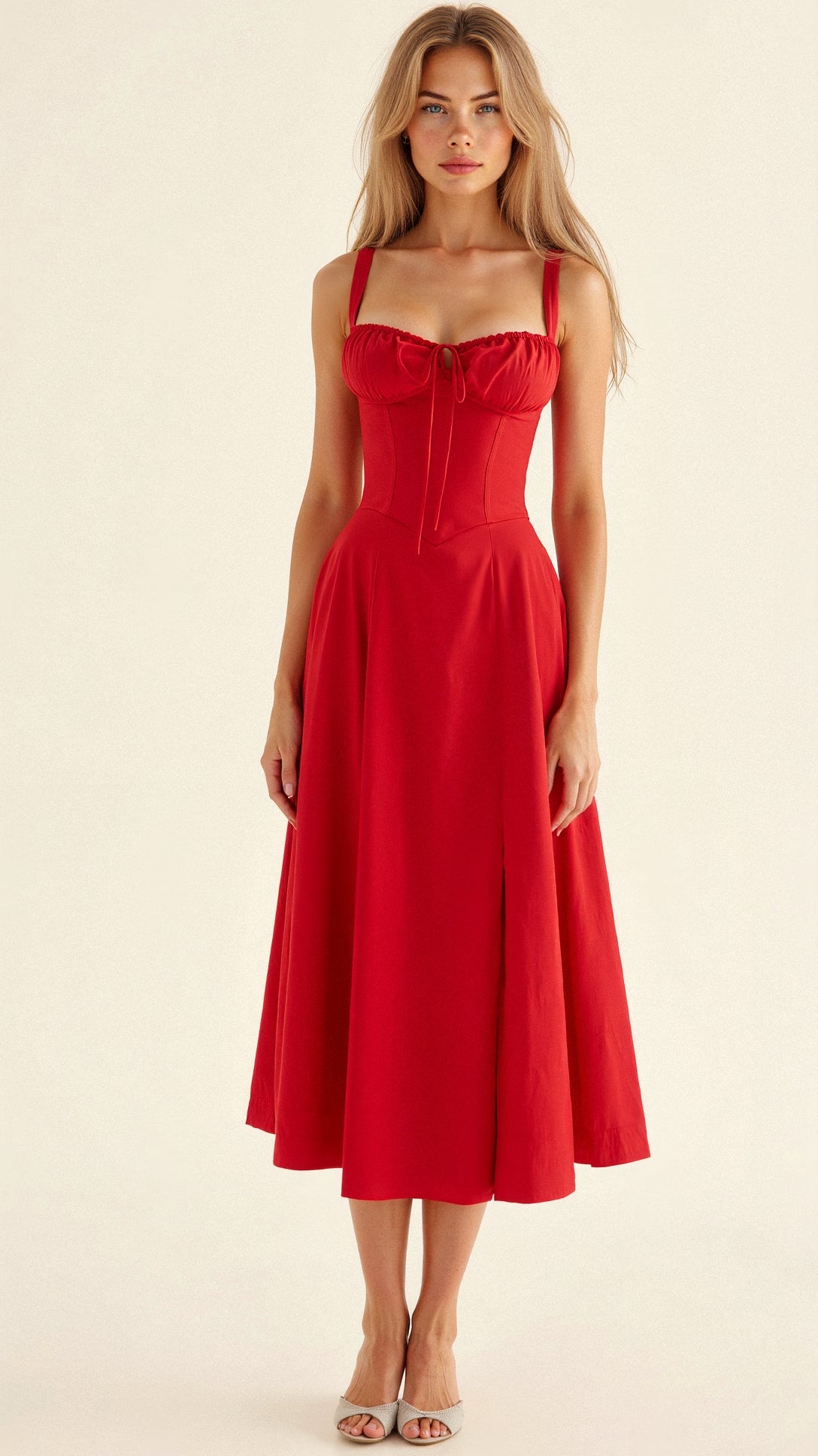 Liana – Midi Dress with Corset Detail in Navy Blue